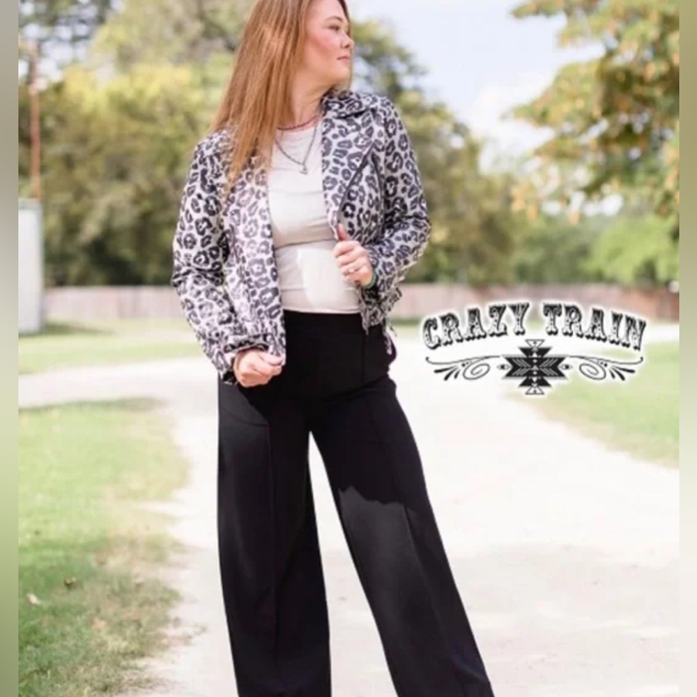 Crazy Train Gray & Black Leopard Faux Leather TAYLOR Moto Jacket - Size Medium